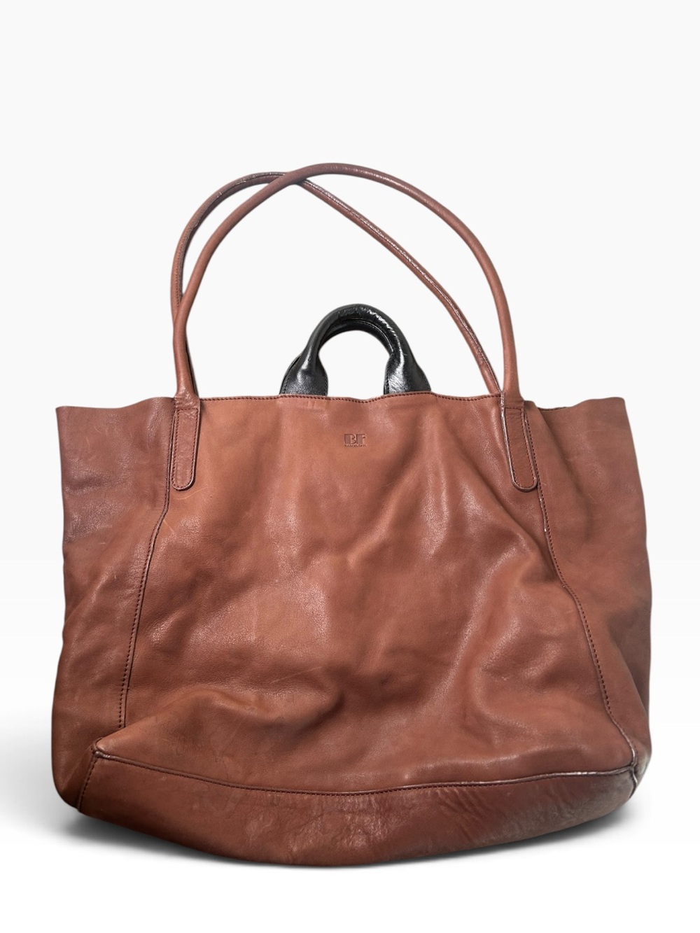 Cognac Brown Leather Tote Bag with Black Top Handles